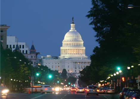 Photo of U.S. capital building, street view.